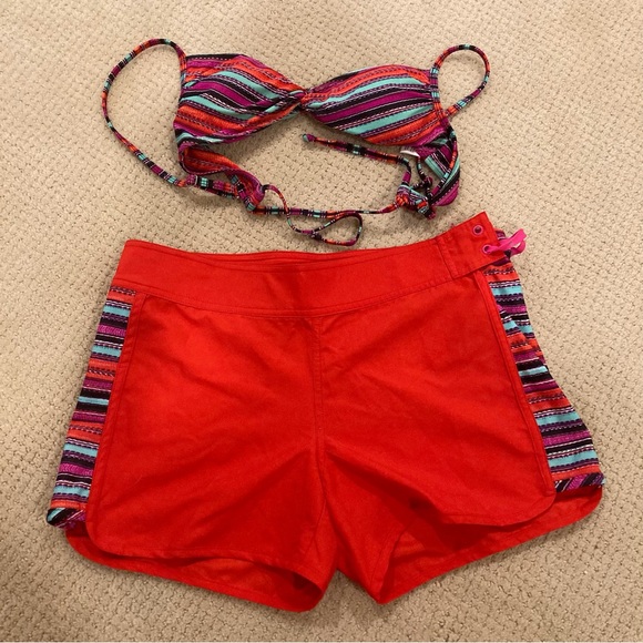 Athleta Catalina Striped Red Turquoise Black Bikini Top and Shorts Set S 6 - Picture 1 of 5